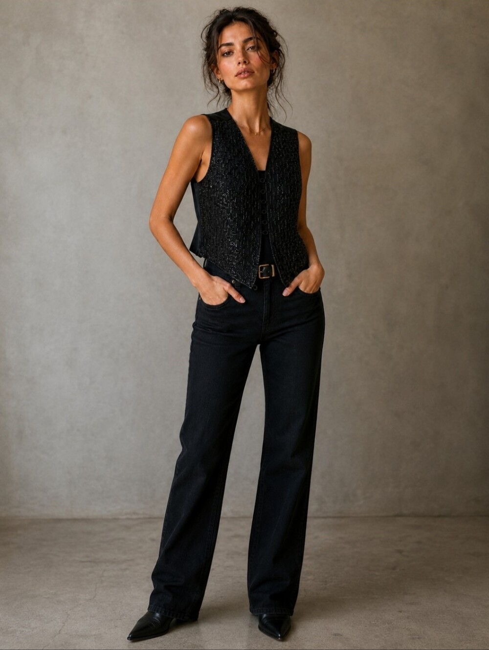 Black Textured Vest - Women's Sleeveless Jacket